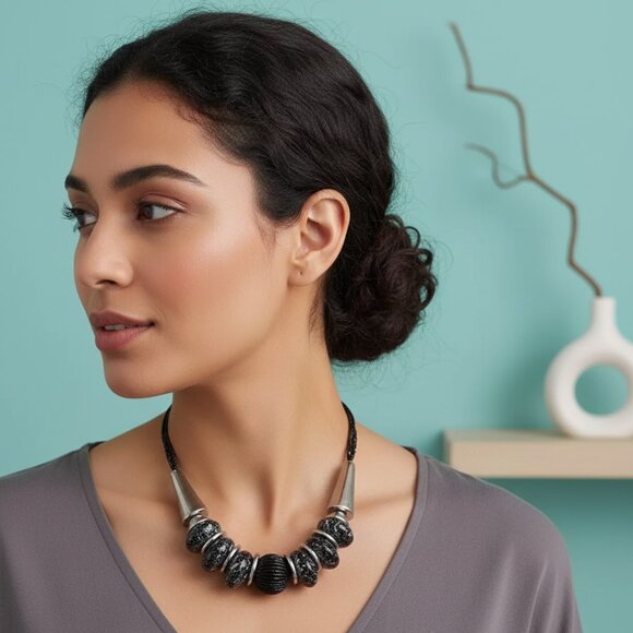 Chunky Black & Silver Statement Collar Necklace - Tribal/Boho - Picture 1 of 4